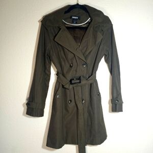 DKNY Chocolate Brown Belted Preppy Classic Mob Wife Trench Coat Removable Hood S